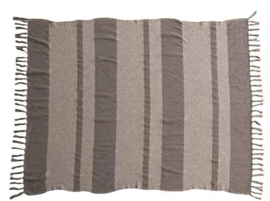 Woven Recycled Cotton Blend Throw w/ Stripes & Fringe, Beige & Brown
