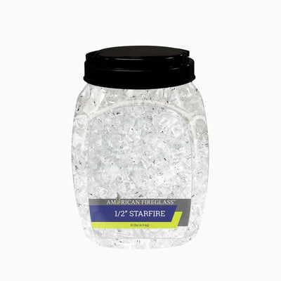 American Fire Glass 10 pound jar or 10 pound bag of  Fire glass for indoor fireplace or outdoor fireplace and fire pits available at Davis Porch and Patio Weatherford Texas