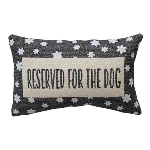 Cotton & Jute Embroidered Lumbar Pillow with Flower Pattern with reserved for the dog written on the front. available at davis porch and patio in weatherford texas