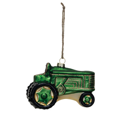 Hand-Painted Glass Tractor Ornament Christmas gift or holiday decor available at Davis Porch and Patio Weatherford Texas