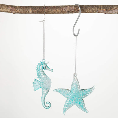 Glass Sea Life Christmas Ornaments. Available in seashores or starfish style at Davis Porch and Patio Weatherford Texas