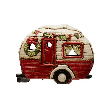 Hand-Painted Holiday Stoneware Camper w/ LED Lights
