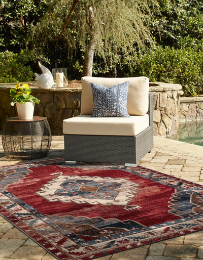 Red and Navy Blue Outdoor Traditional Rectangle Rug