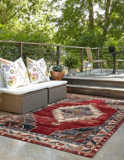 Red and Navy Blue Outdoor Traditional Rectangle Rug