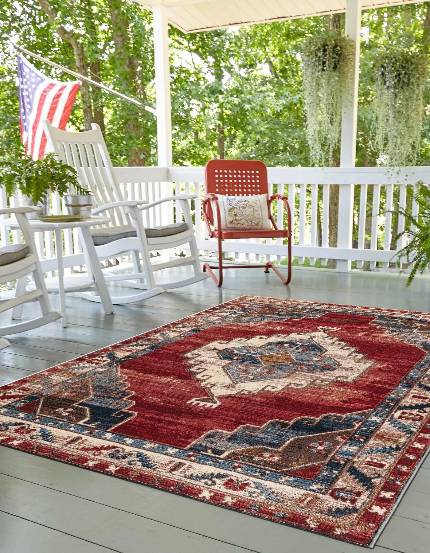 Red and Navy Blue Outdoor Traditional Rectangle Rug