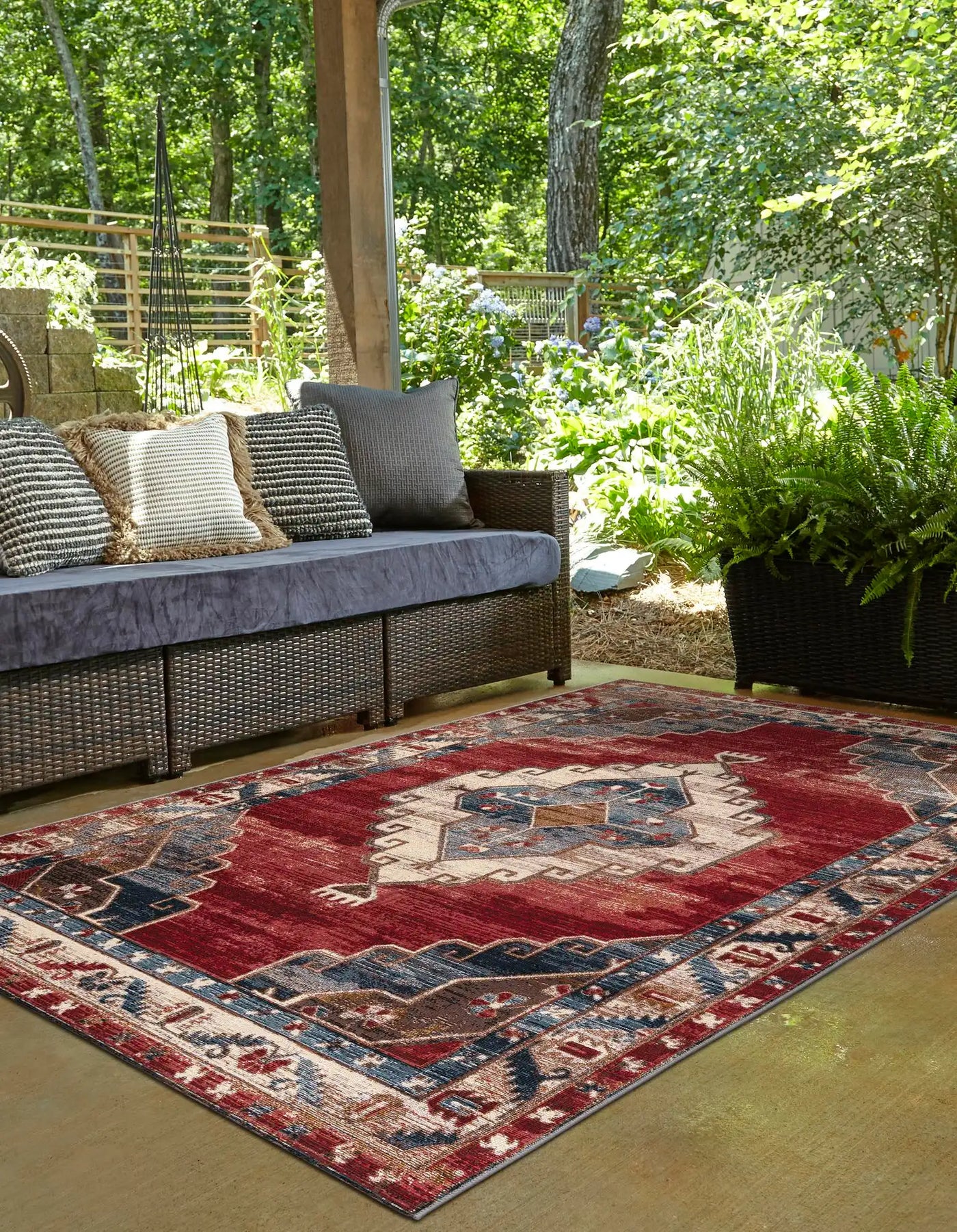 Red and Navy Blue Outdoor Traditional Rectangle Rug