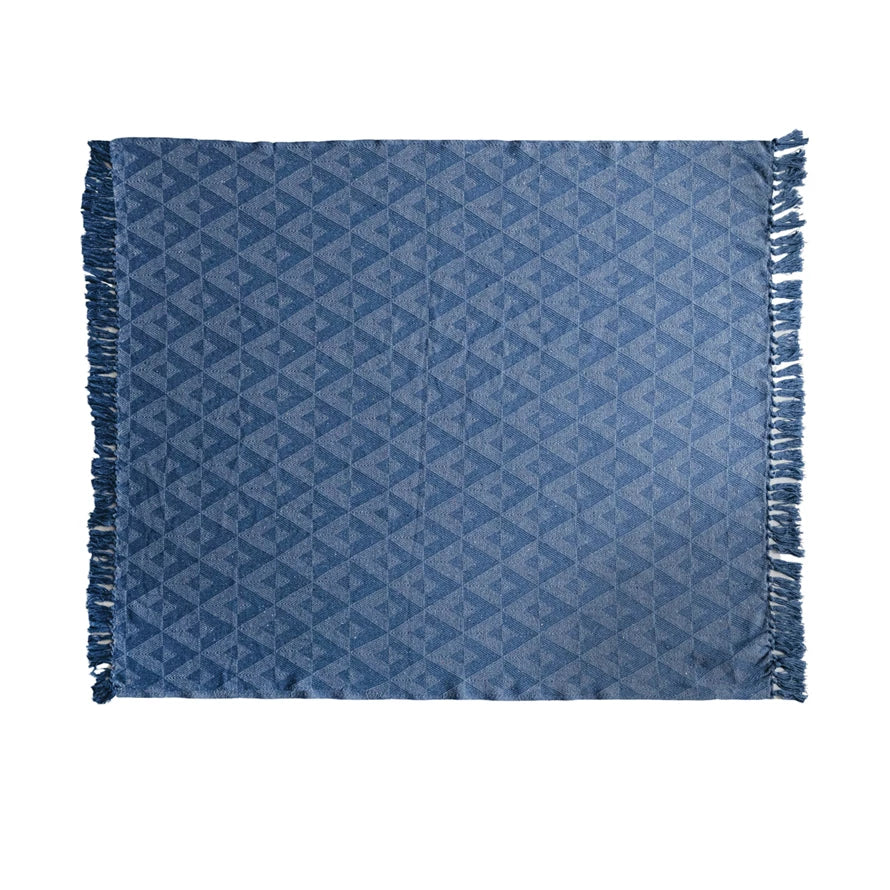 Woven Recycled Cotton Blend Throw w/ Triangle Pattern & Fringe, Blue