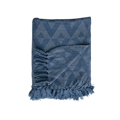 Woven Recycled Cotton Blend Throw w/ Triangle Pattern & Fringe, Blue