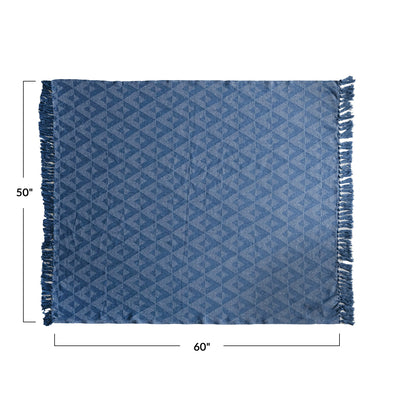 Woven Recycled Cotton Blend Throw w/ Triangle Pattern & Fringe, Blue