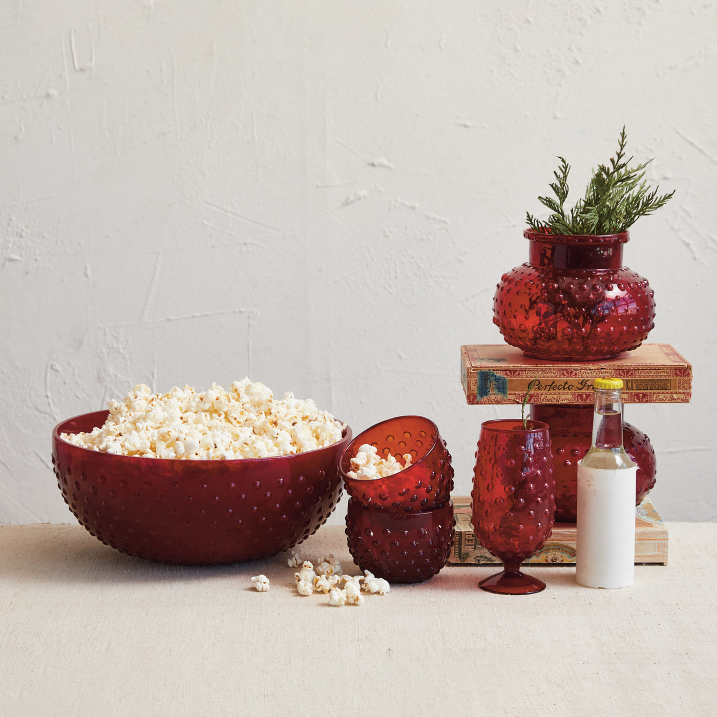 4-1/2 Quart Red Glass Hobnail Serving Bowl