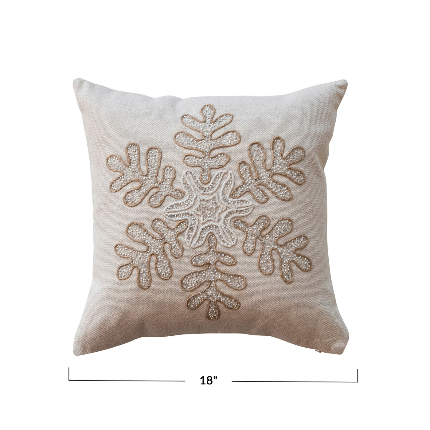 18" Square Cotton Canvas Pillow w/ Embroidered Snowflake & Beads