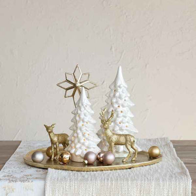 Cream Stoneware LED Tree w/ Cut-Outs, Iridescent Finish