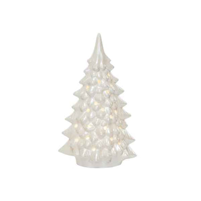 Cream Stoneware LED Tree w/ Cut-Outs, Iridescent Finish