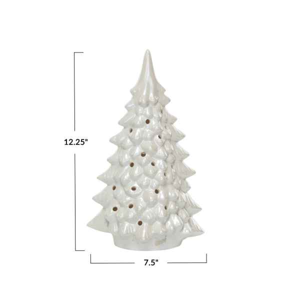 Cream Stoneware LED Tree w/ Cut-Outs, Iridescent Finish