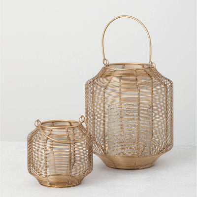 Set of two gold wire lanterns