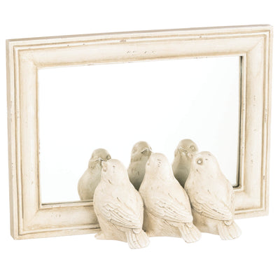 White resin framed mirror with three birds peering at their reflection