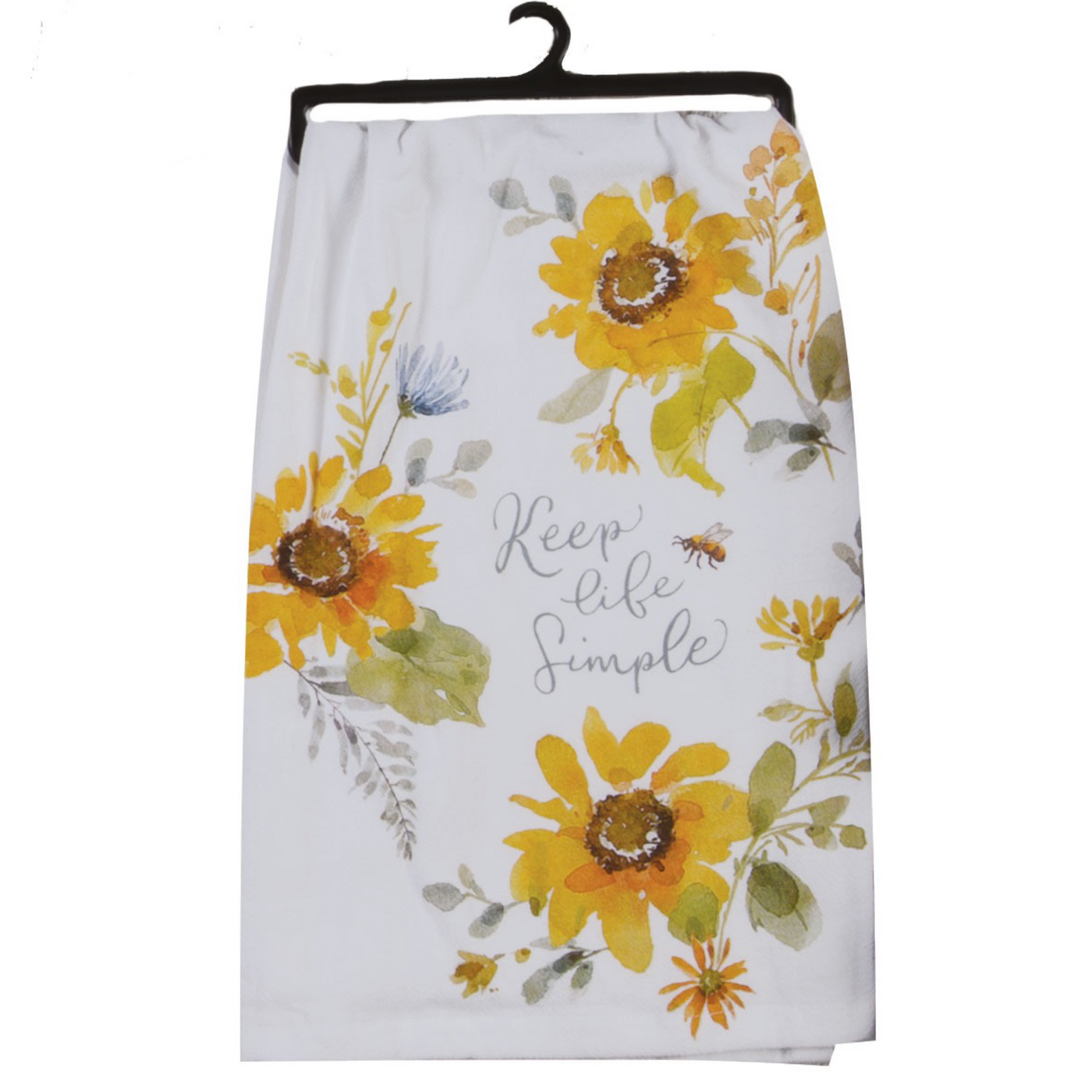 White flour sack towel with printed sunflowers and phrase keep life simple 