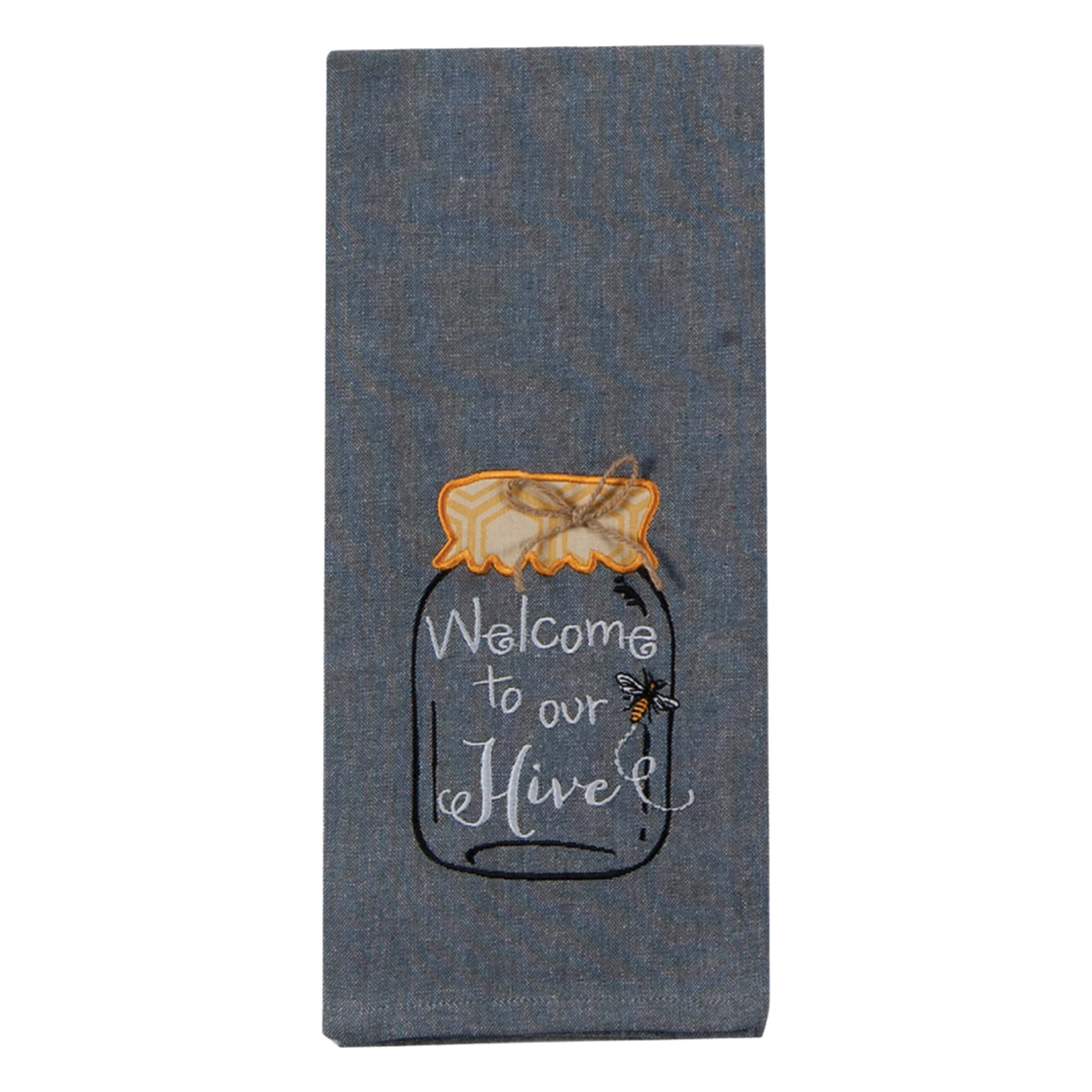 Chambray teal towel with embroidered mason jar and bee reads welcome to our hive