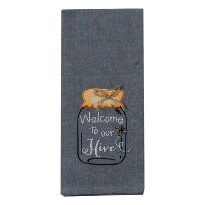 Chambray teal towel with embroidered mason jar and bee reads welcome to our hive