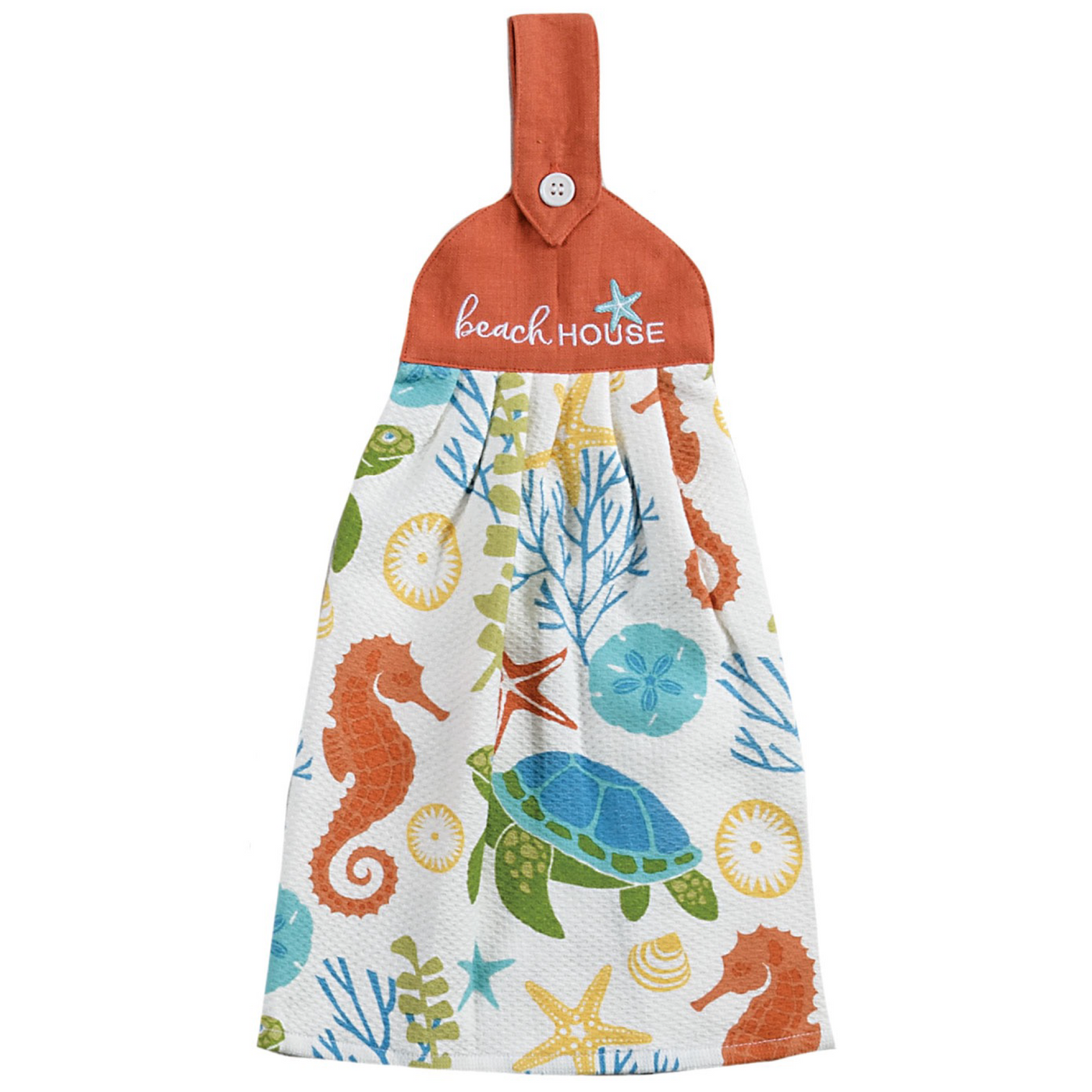 Textured tea towel with button loop closur for hanging. Printed with seahorses, sand dollars, sea turtles, sea shellls, and various sea life. Embroidered top reads Beach House with an embroidered starfish accent. 