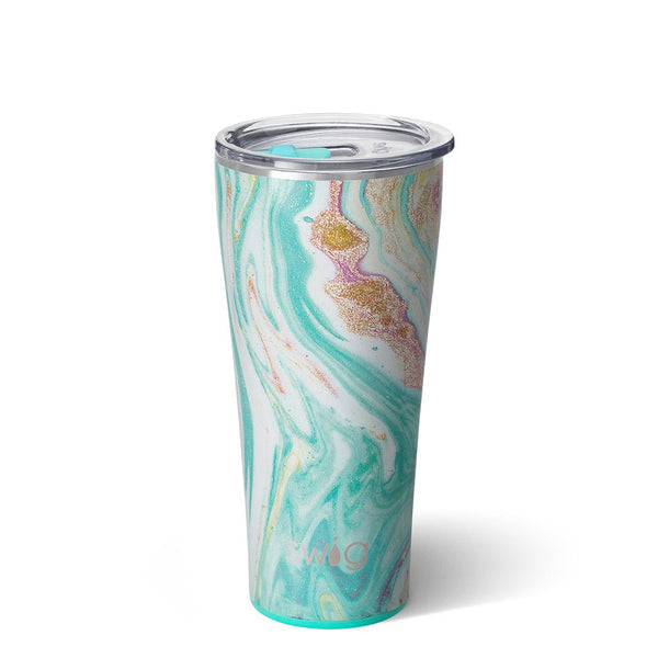 Wanderlust 32oz insulated tumbler with swirls of soft blues and gold 