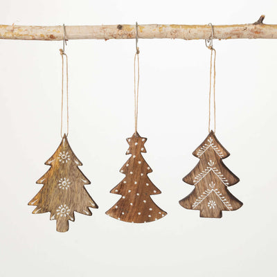 Set of three natural wood stain ornaments with painted white accents 