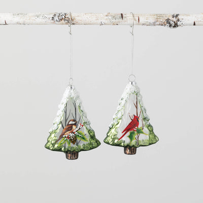 Hand blown glass tree shaped ornaments featuring a chickadee and cardinal