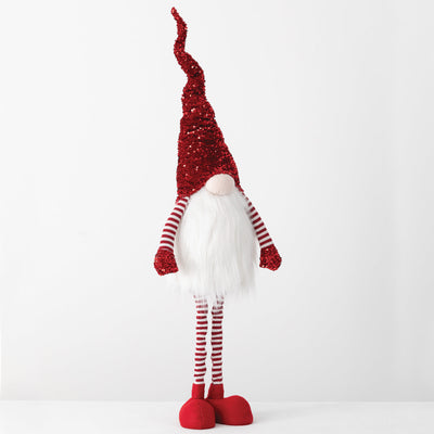 Red sparkly standing sequin gnome with adjustable telescopic legs and adjustable hat