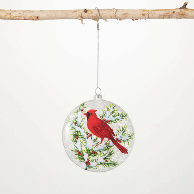 Painted Glass Cardinal Disc Ornament with wintery scene