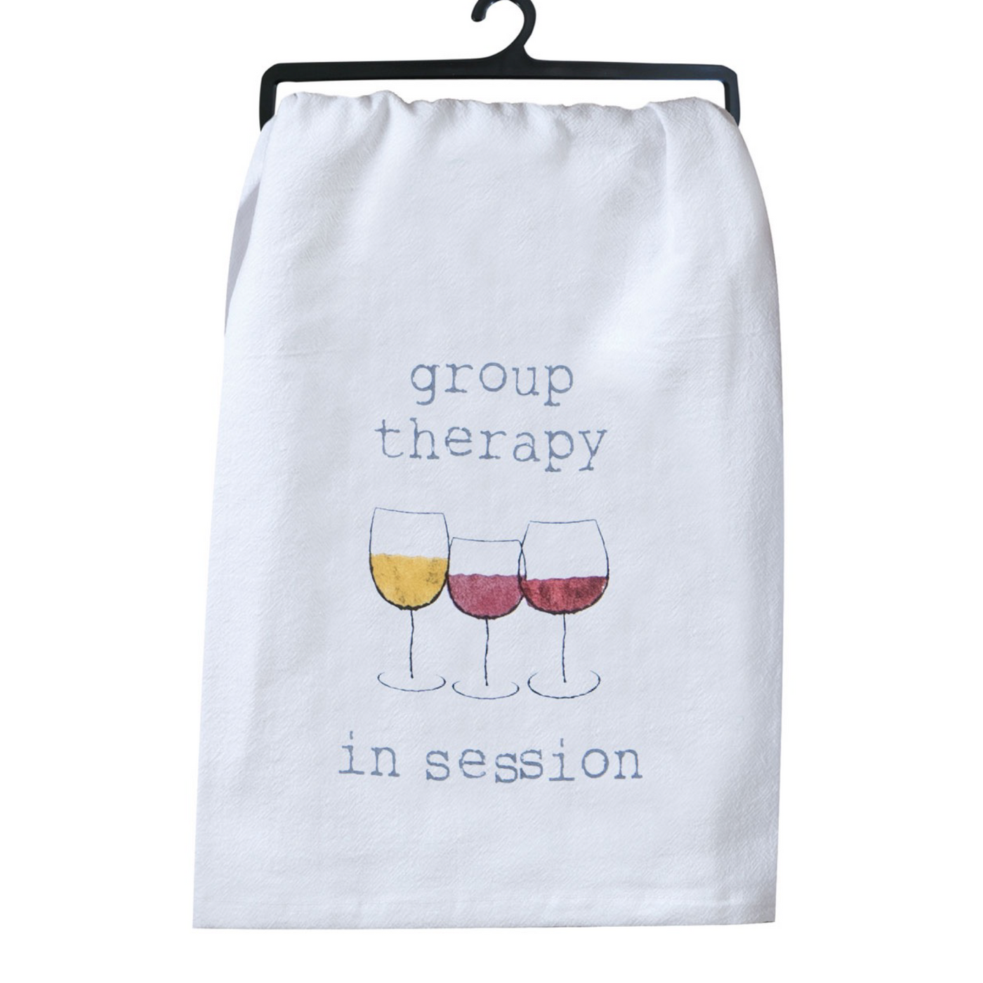 White tea towel pictures wine glasses and reads group therapy in session