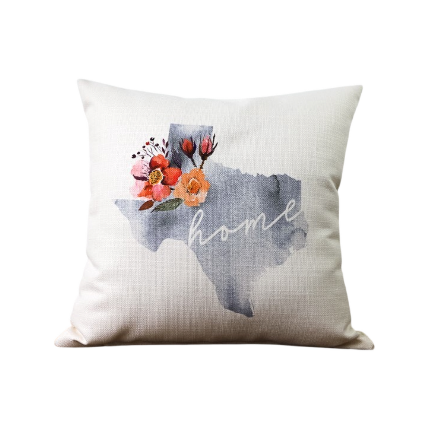 White throw pillow with watercolor Texas state print with floral accents reads “home” in script