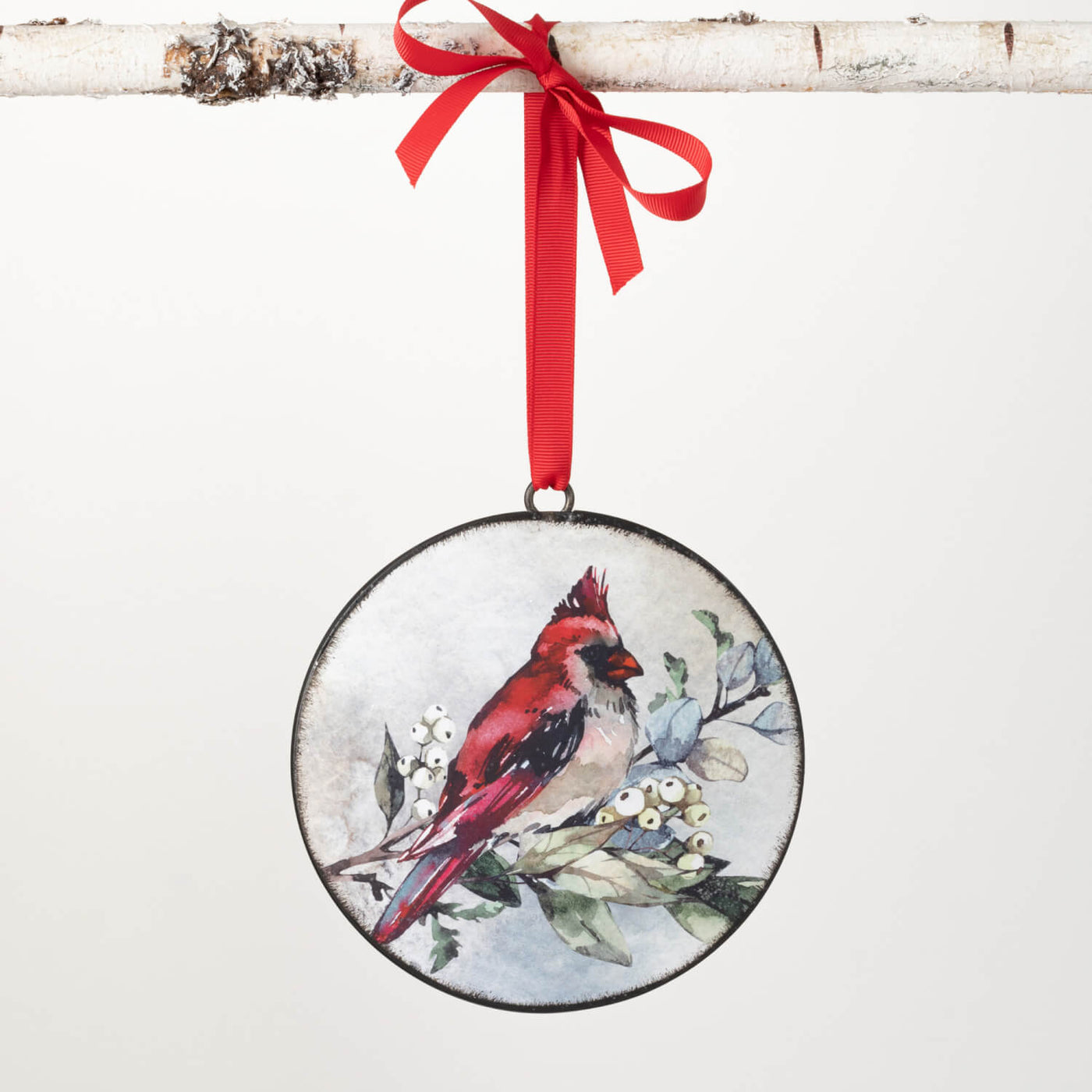 Iron Red Cardinal Disc Christmas Ornament with red ribbon for hanging at Davis Porch and Patio Weatherford Texas