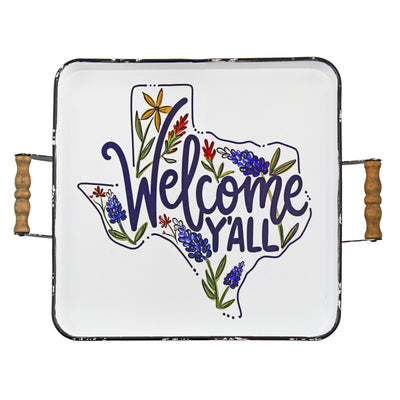 White handled tray with texas outline, wildflowers, reads Welcome Y'all