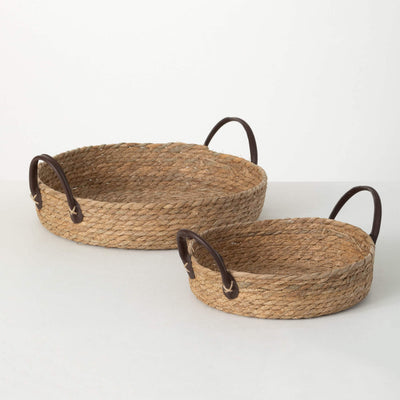 pair of natural fiber baskets trays with handles