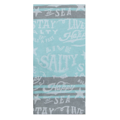 Teal and blue jacquard tea towel with white print stay salty, hold fast, happy at sea, live salty and live happy