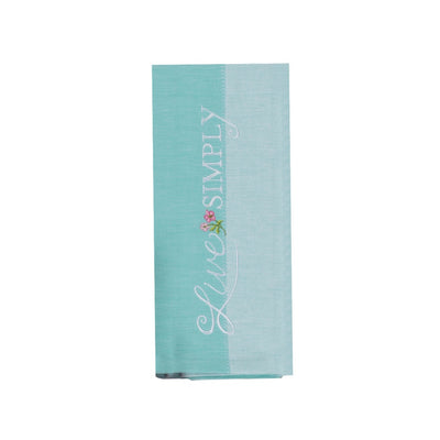 Teal tea towel with white embroidered lettering reads live simply