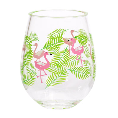 Clear acrylic stemless wine glass adorned with pink flamingos and palm leaves