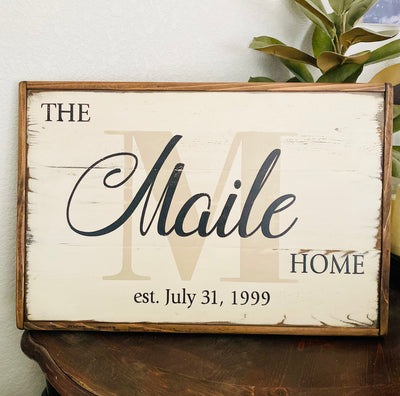 Handmade multi board wood sign personalized with family name, initial, and established date. 
