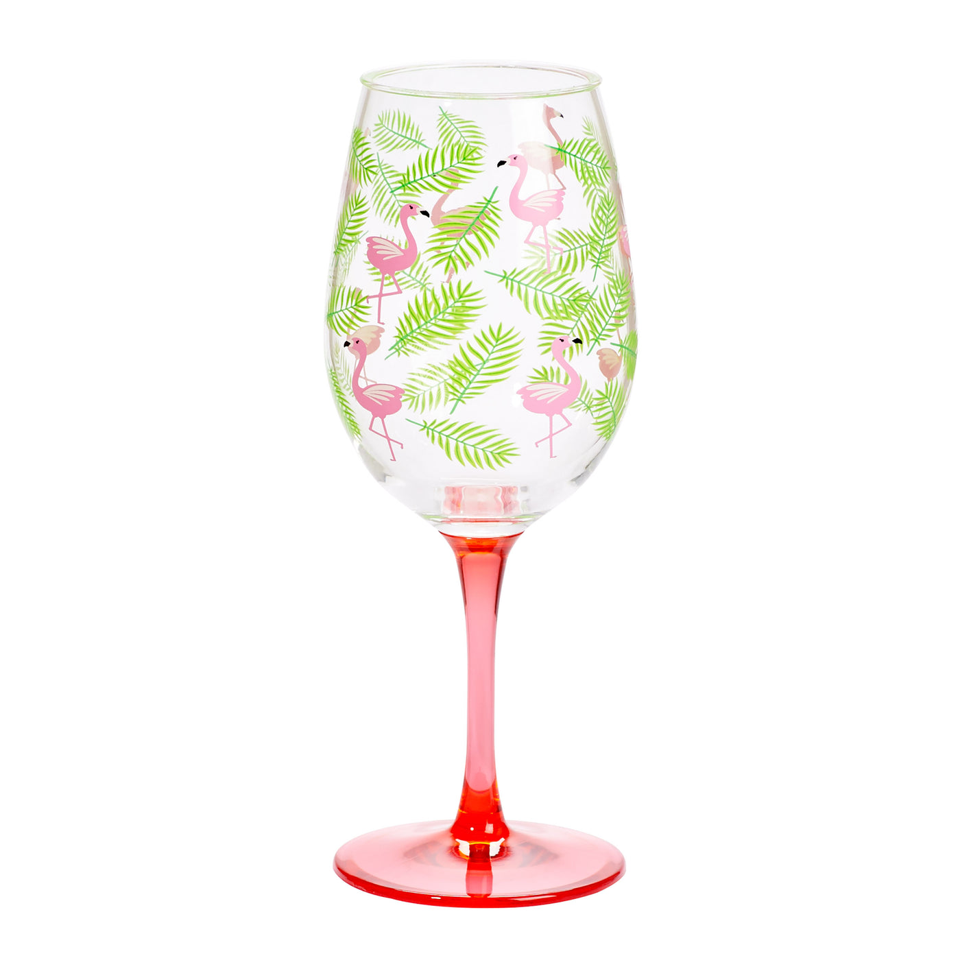 Acrylic wine glass adorned with pink flamingos and a pink stem