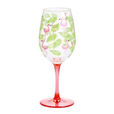 Acrylic wine glass adorned with pink flamingos and a pink stem