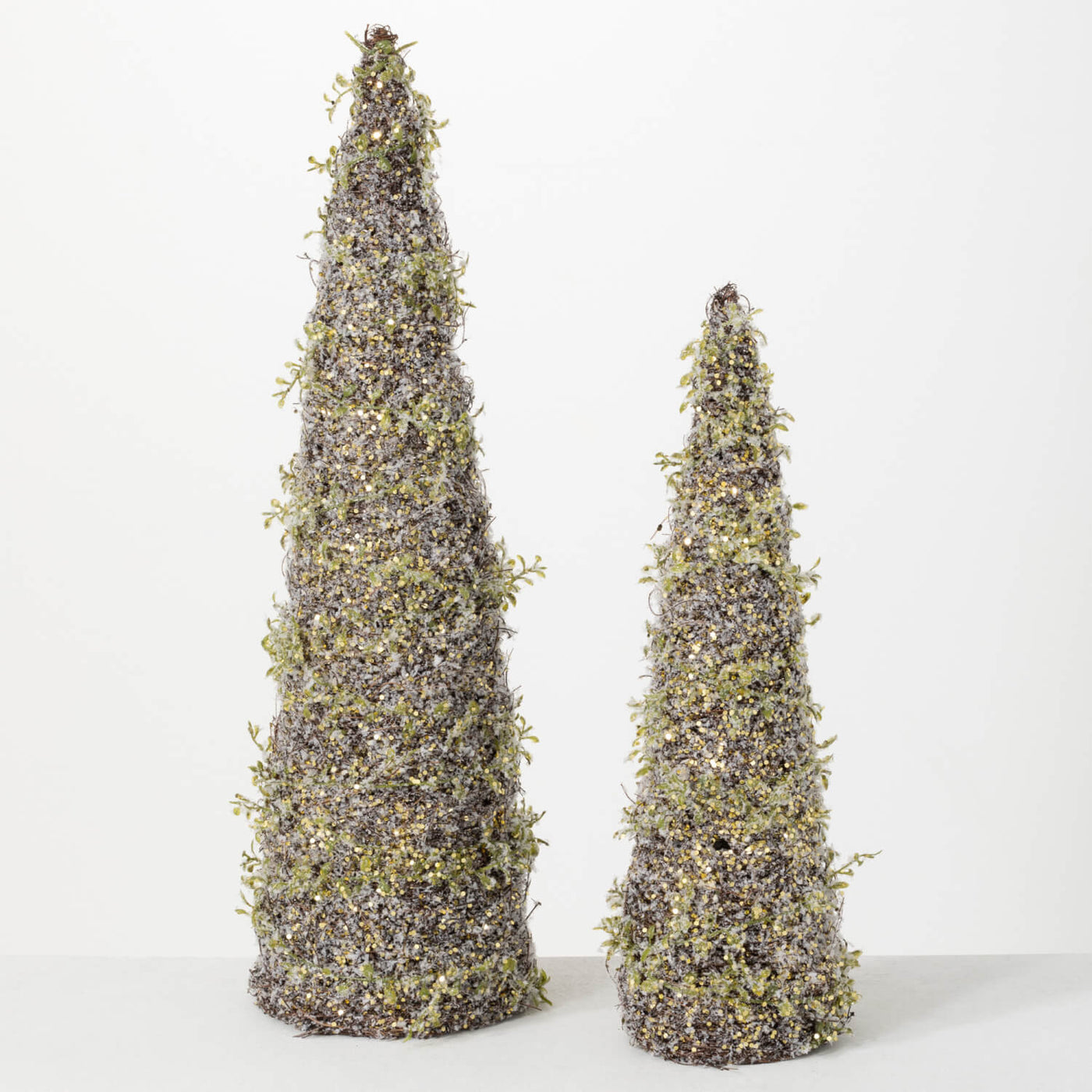 Pair of frosted twig cone trees adorned with glitter and greenery