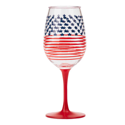 Americana clear acrylic wine glass with red and blue Stars and Stripes design and red stem