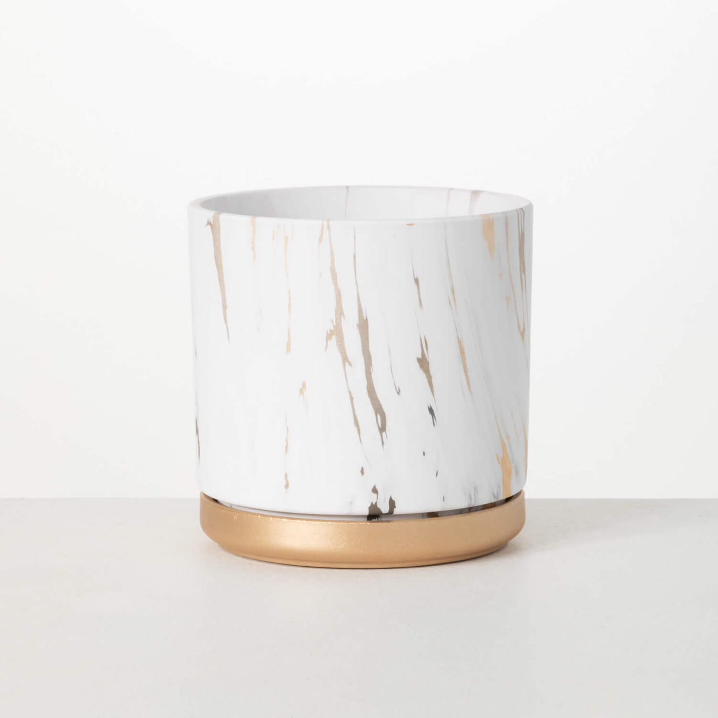 White planter with marbled gold accents