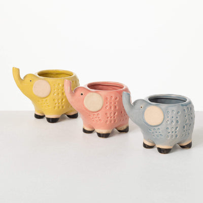 Pink, blue, and yellow ceramic elephant planter set