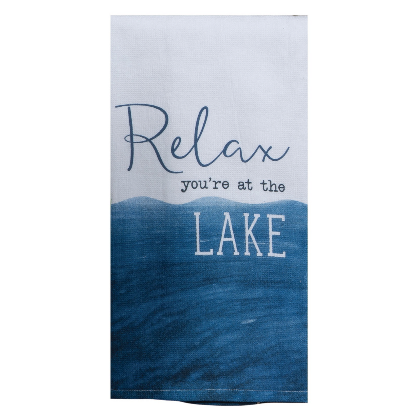 White and blue terry towel with printed saying Relax you’re at the lake