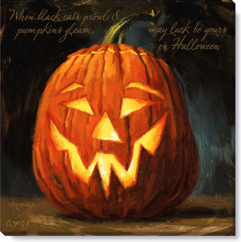 Darren Gygi Giclee collection 5x5 canvas reads when black cats prowl & pumpkins gleam, May luck be yours on Halloween