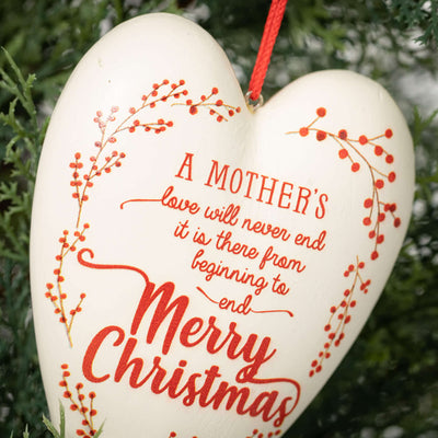 Red and White Heart Gift Ornament reads A Mother’s love will never end it is there from beginning to end Merry Christmas