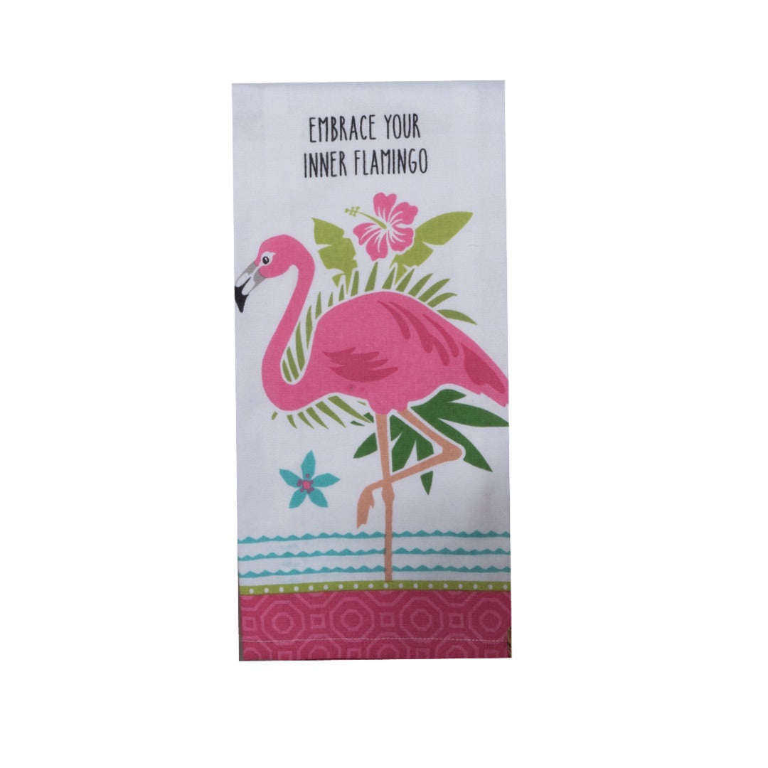White tea towel with pink flamingo and black lettering reads embrace your inner flamingo