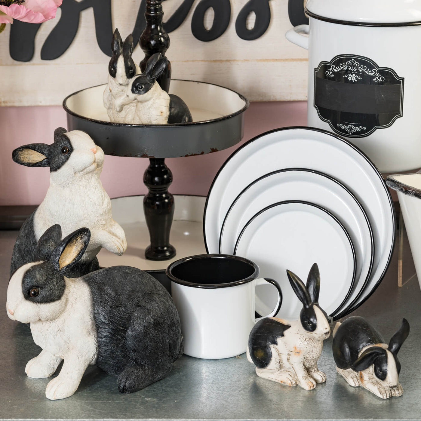 Black and White Rabbit Figurine Pair