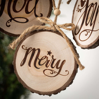 Noel, Merry, Joy Wood Slice Ornament Set